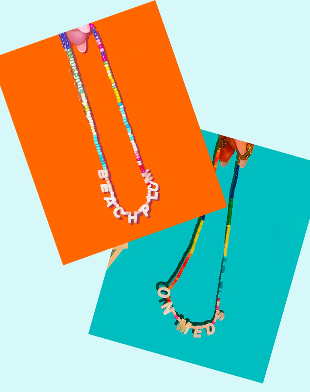 Colorful handmade letter bead Name Drop necklaces photographed against vivid orange and turquoise backgrounds